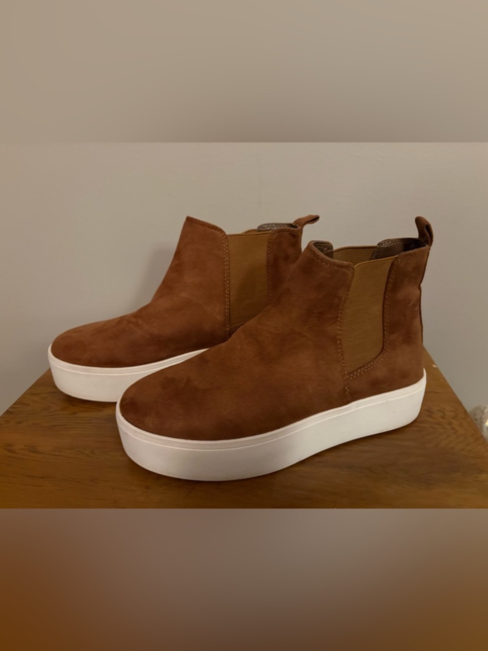 Steve Madden Brown Fuse MicroSuede Platform Chelsea Booties